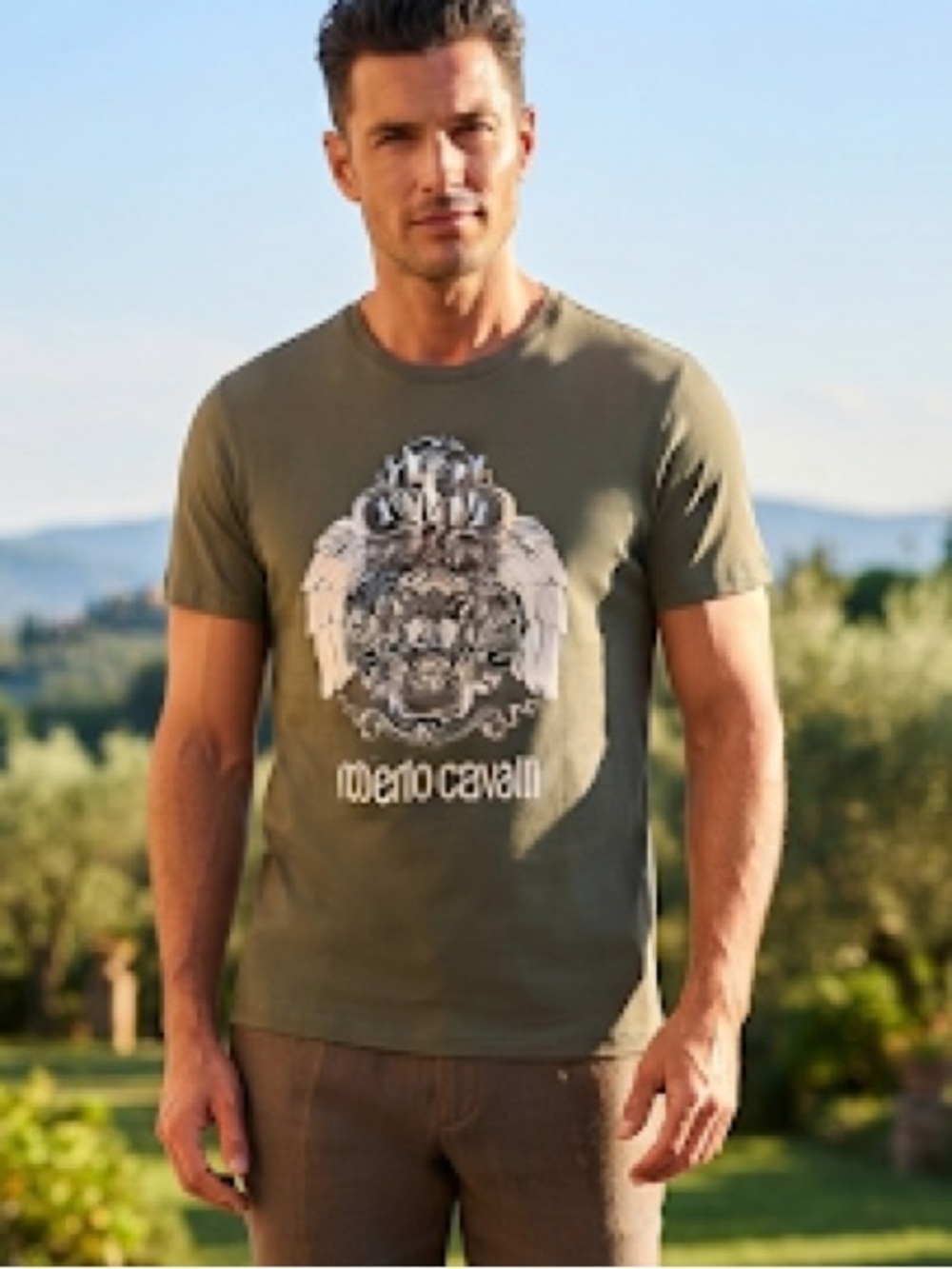 Roberto Cavalli Sage Green Graphic Short-Sleeve Tee